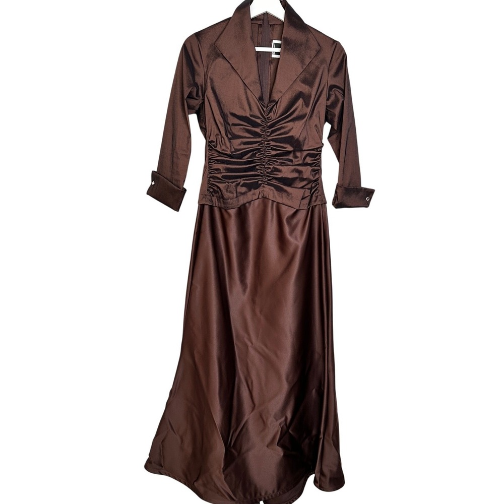 Tadashi‎ Bronze Satin Ruched Evening Gown Long Sleeve Maxi Dress 8P CYB096LP